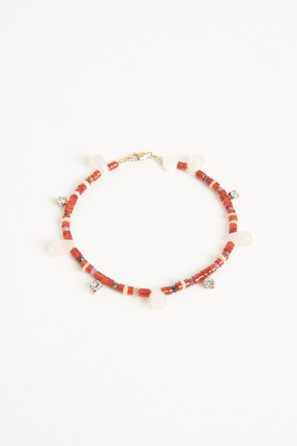 Red agate, tourmaline with pink quartz and vintage diamanté drop anklet Online Hot Sale