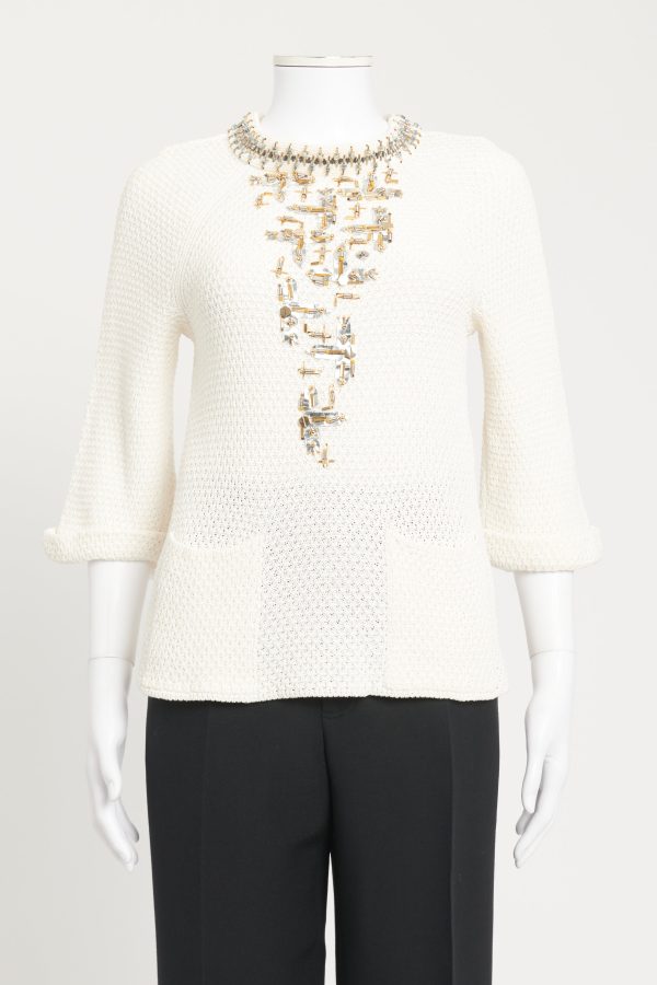 2016 Cream Preowned Embellished Knit Top on Sale