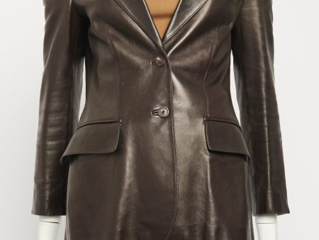 2000 s Brown Leather Preowned Single Breasted Blazer For Discount