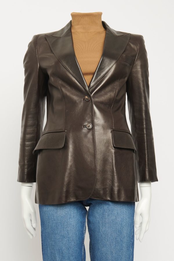 2000 s Brown Leather Preowned Single Breasted Blazer For Discount