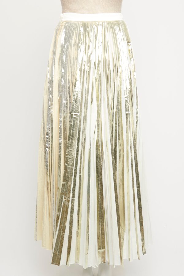 2014 Cream Synthetic Pleated Preowned Midi Skirt With Metallic Foil Overlay Cheap