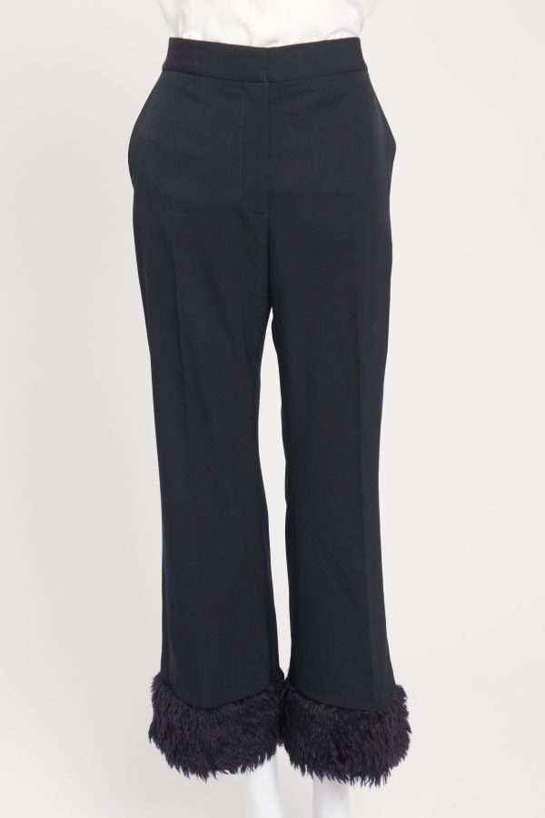 Navy Blue Wool Faux Fur Trimmed Preowned Trousers on Sale