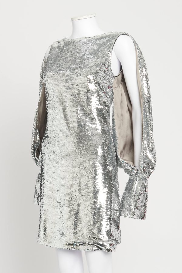 Silver Sequin Cut-Out Balloon Sleeve Preowned Mini Dress Online