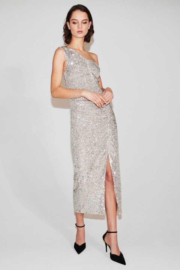 Silver Sequin Gathered Asymmetric Midi Dress Hot on Sale