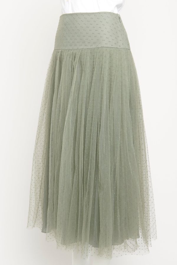 2018 Green Tulle Pleated Preowned Midi Skirt With Velvet Polka Dots For Sale