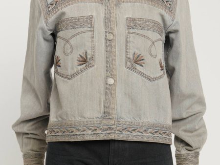 Grey Blue Washed Out Denim Jacket with Embroidery Details For Sale