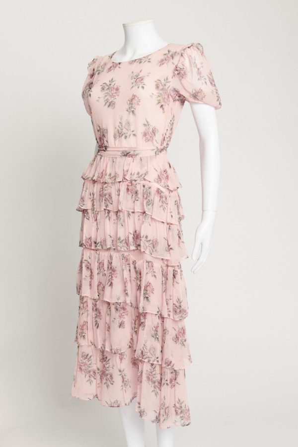 Pink Rose Print Silk Preowned Midi Dress with Frill Trim Online Hot Sale