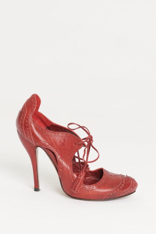 2006 Red Leather Lace Up Preowned Pumps For Cheap