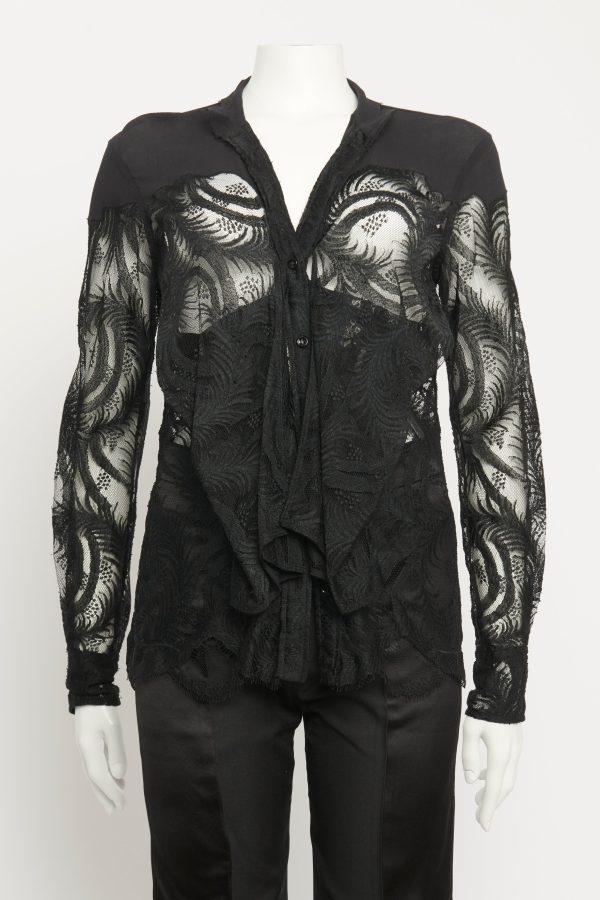 Sheer Ebony Eyelash Lace Preowned Blouse For Sale