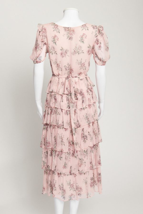 Pink Rose Print Silk Preowned Midi Dress with Frill Trim Online Hot Sale