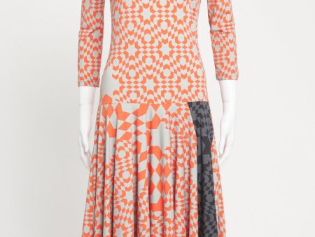 Orange and Grey Geometric Print Jersey Preowned Midi Dress Online now