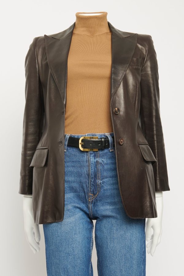 2000 s Brown Leather Preowned Single Breasted Blazer For Discount