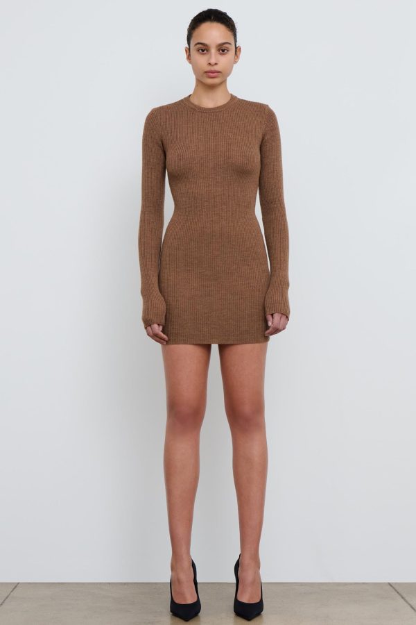 Brown Ribbed Long Sleeve Dress Mini For Discount