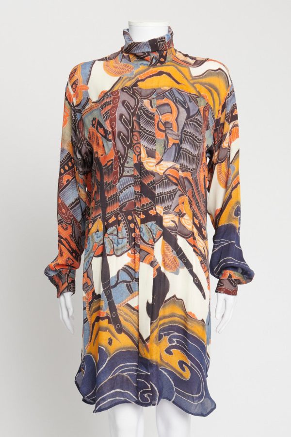 Multi Colour Abstract Print Silk Shirt Dress For Cheap