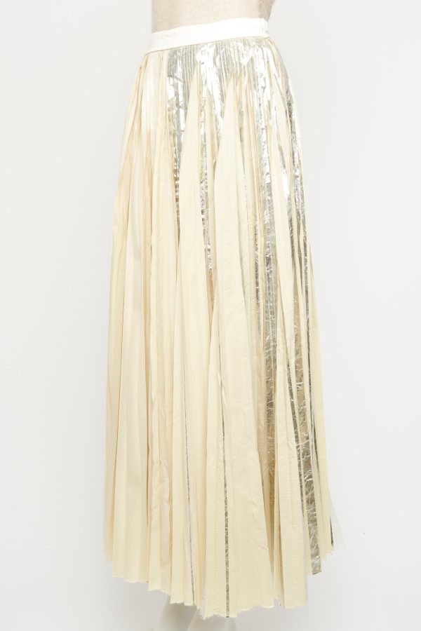 2014 Cream Synthetic Pleated Preowned Midi Skirt With Metallic Foil Overlay Cheap