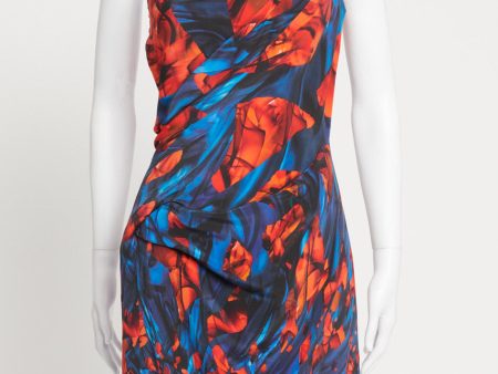 Red and Blue Graphic Print One Shoulder Preowned Dress For Sale