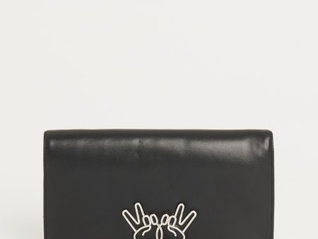 2016 17 Black Leather Preowned Clutch With Peace Emoji Fringed Detail on Sale