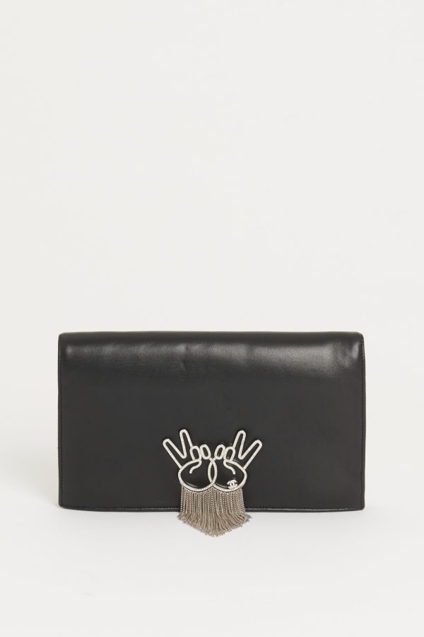 2016 17 Black Leather Preowned Clutch With Peace Emoji Fringed Detail on Sale