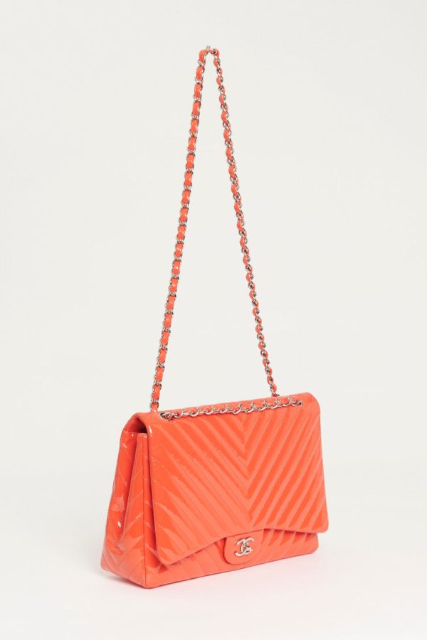 2009 Coral Patent Timeless Classic Chevron Preowned Maxi Handbag Online Hot Sale