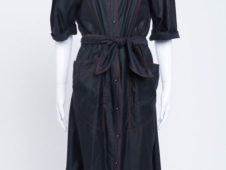 1980 s Black Cotton Contrast Stitching Midi Dress on Sale