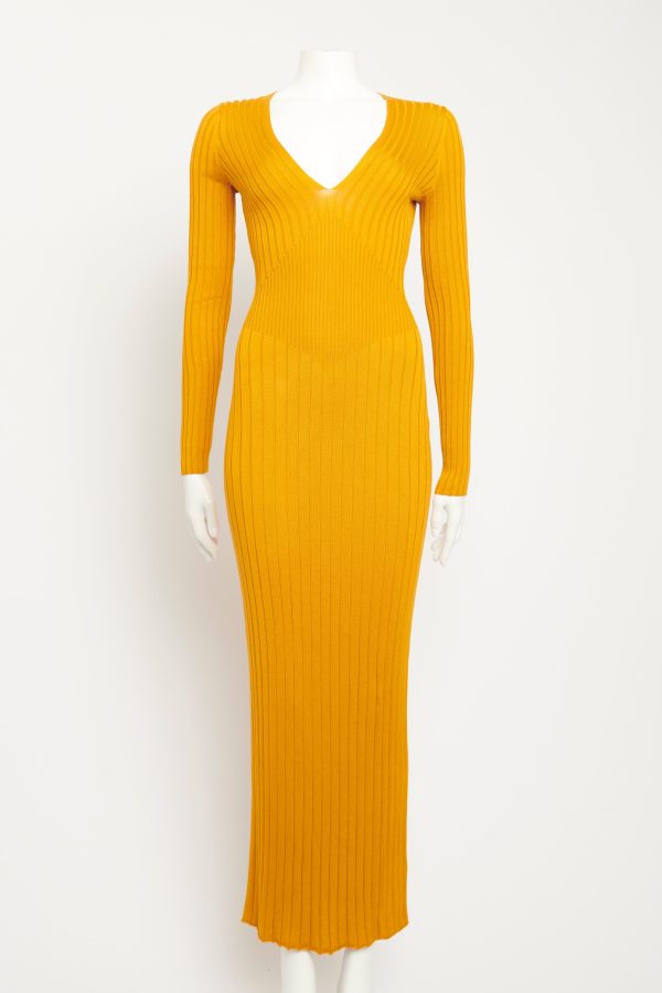 Mustard Silk Ribbed Preowned Dress For Cheap