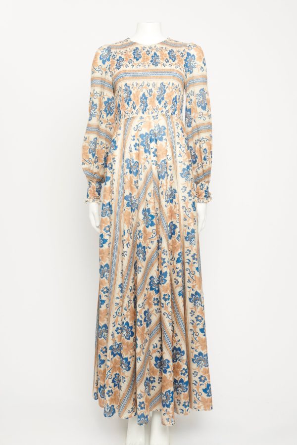 Printed Tan and Navy Preowned Long Dress Supply