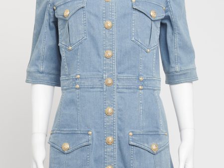 Blue Denim Preowned Shoulder Padded Mini Dress For Sale