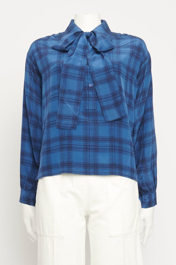 1980 s Blue Silk Preowned Check Neck-Tie Blouse Online now