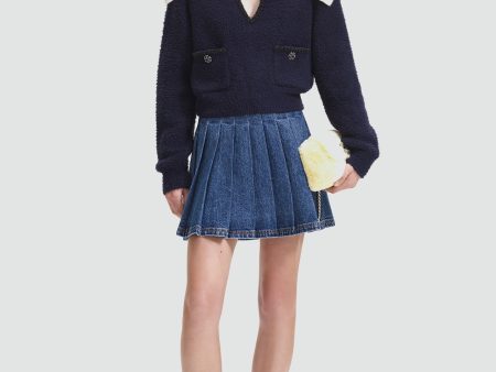 Navy Soft Knit Contrast Collar Embellished Top Online now