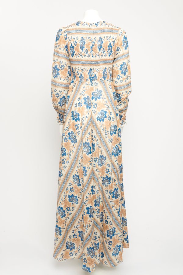 Printed Tan and Navy Preowned Long Dress Supply