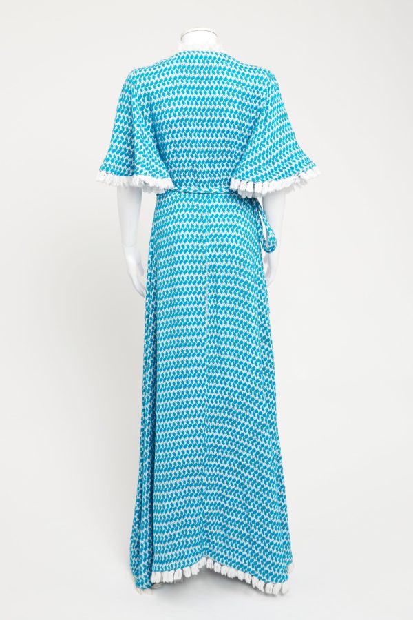 Blue and White Cotton Tassle Preowned Wrap Dress For Cheap