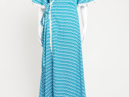 Blue and White Cotton Tassle Preowned Wrap Dress For Cheap