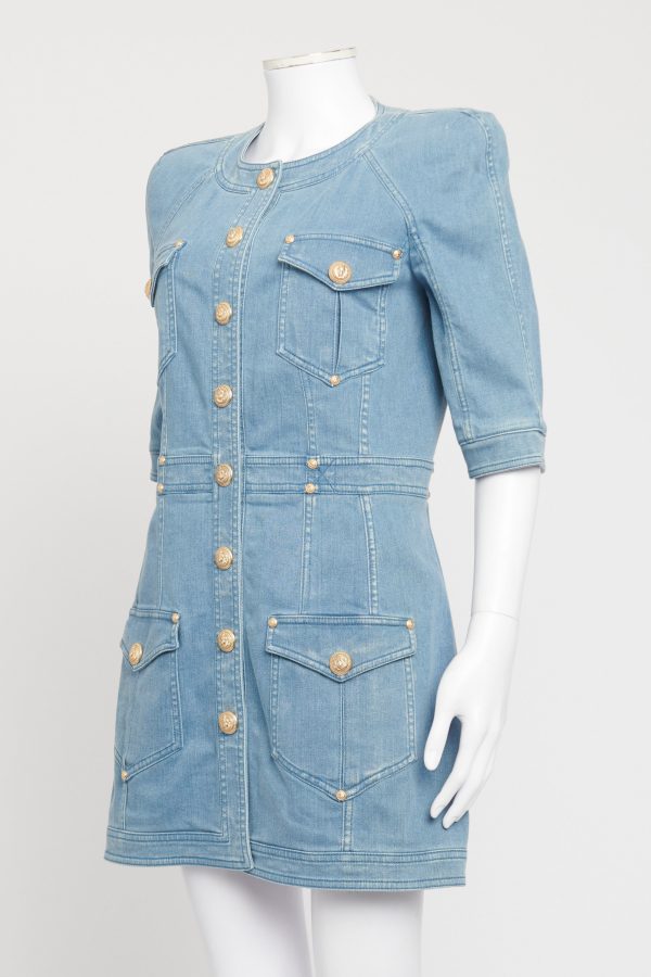 Blue Denim Preowned Shoulder Padded Mini Dress For Sale