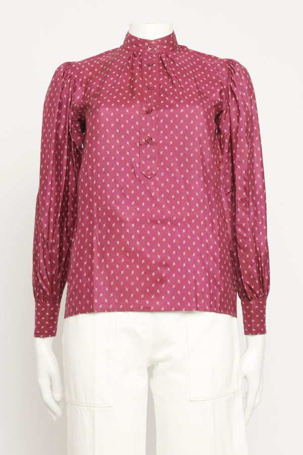 1980 s Burgundy Silk Preowned Puff Sleeve Blouse Discount