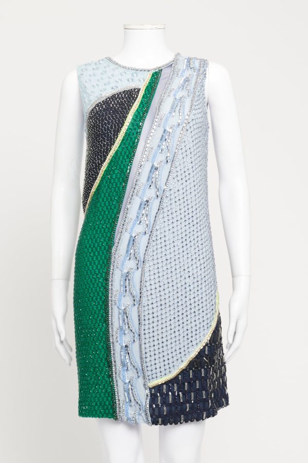 FW17 Blue & Green Silk Preowned Embellished Dress For Discount