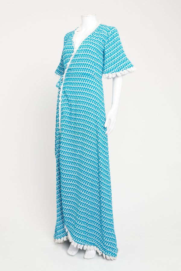 Blue and White Cotton Tassle Preowned Wrap Dress For Cheap