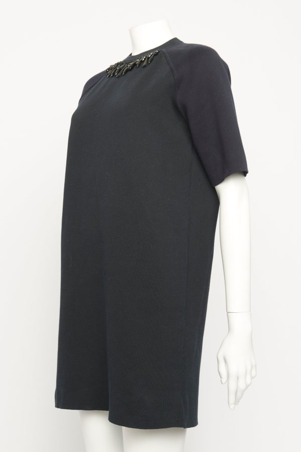 Black Wool Blend Preowned Embellished Paris Shift Dress For Sale