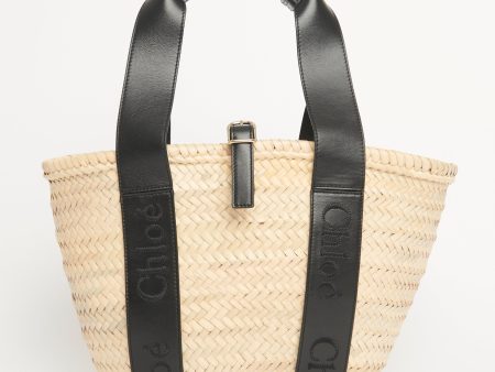 Raffia and Black Calfskin Medium Preowned Sense Basket Tote Hot on Sale