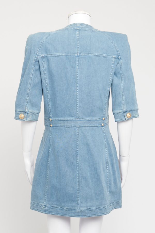 Blue Denim Preowned Shoulder Padded Mini Dress For Sale