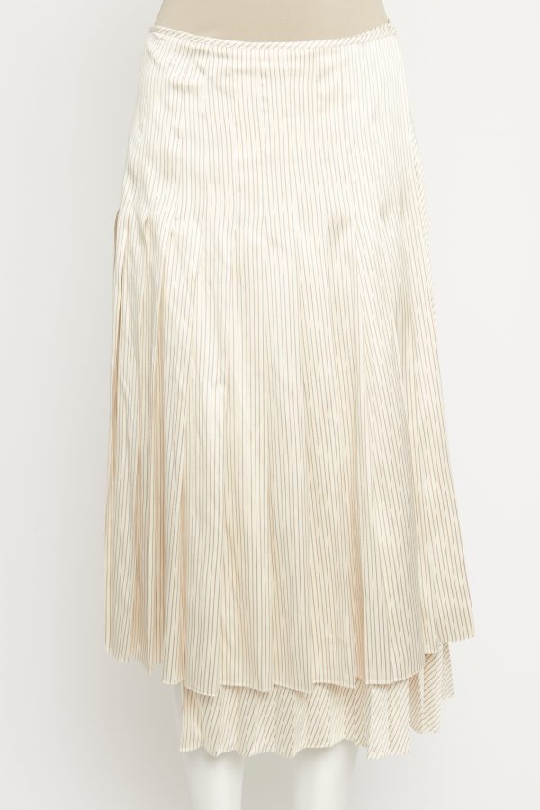 Ecru and Beige Silk Pleated Preowned Wrap Skirt Cheap